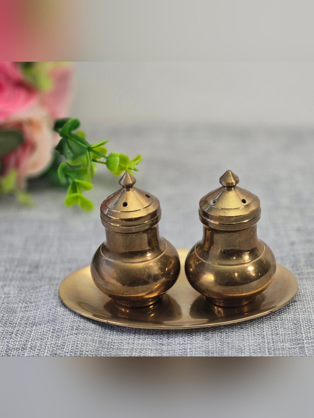 Vintage Small Brass Salt and Pepper Shakers with Screw Top Lids & Plate Set